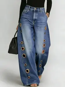 D8773 2026 Spring Summer New Metal Asymmetrical Eyelet Women's Solid Color Loose Jeans, Available Now