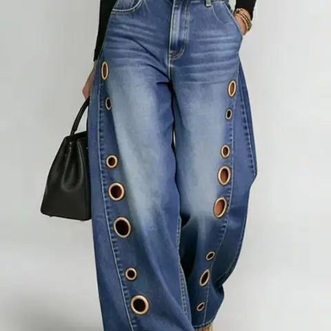 2026 Spring Summer New Metal Asymmetrical Eyelet Women's Solid Color Baggy Loose Pants, Available Now
