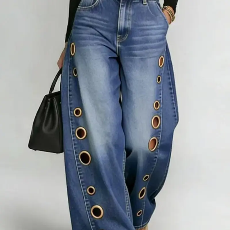 2026 Spring Summer New Metal Asymmetrical Eyelet Women's Solid Color Baggy Loose Pants, Available Now