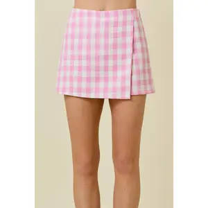 Gingham tweed envelope wrap skort in light pink