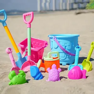 Children's beach and sandbox toy set, suitable for playing with sand and filling with water, a sandcastle toy for beach trips, including a large round sandcastle bucket, sandcastle molds, and a large shovel. The colors are randomly diverse.