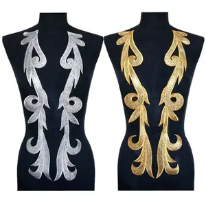 1 Pair Gold Silver Powder Gown Floral Embroidery Appliques Fabric Collar Sew Iron On Patches Noble Embroidery For Wedding Decoration Dress DIY