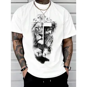 Men's Lion & Jesus Print Round Neck Tee, Regular Fit Casual Short Sleeve Crew Neck T-Shirt for Summer, Fashion Men's Top for Daily Wear, Tropical