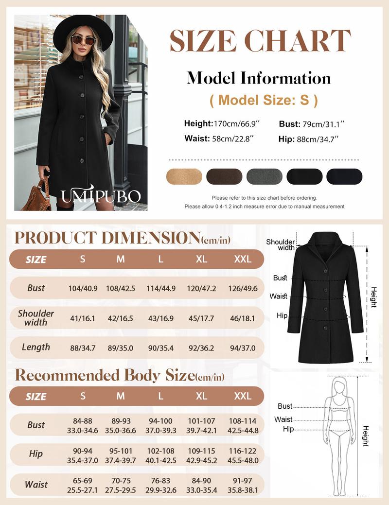 UMIPUBO Women's Winter Single Breasted Pea Coat Casual Stand Collar Overcoat Work Office Classic Jacket with Pockets