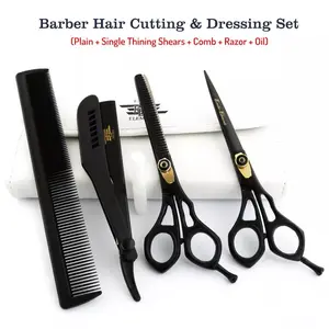 Black and Gold Scissors and Shears with Straight Edge Razor and Comb.  Sharp Blades cuts all type of hair. Trimming Grooming Haircutting Thinners.