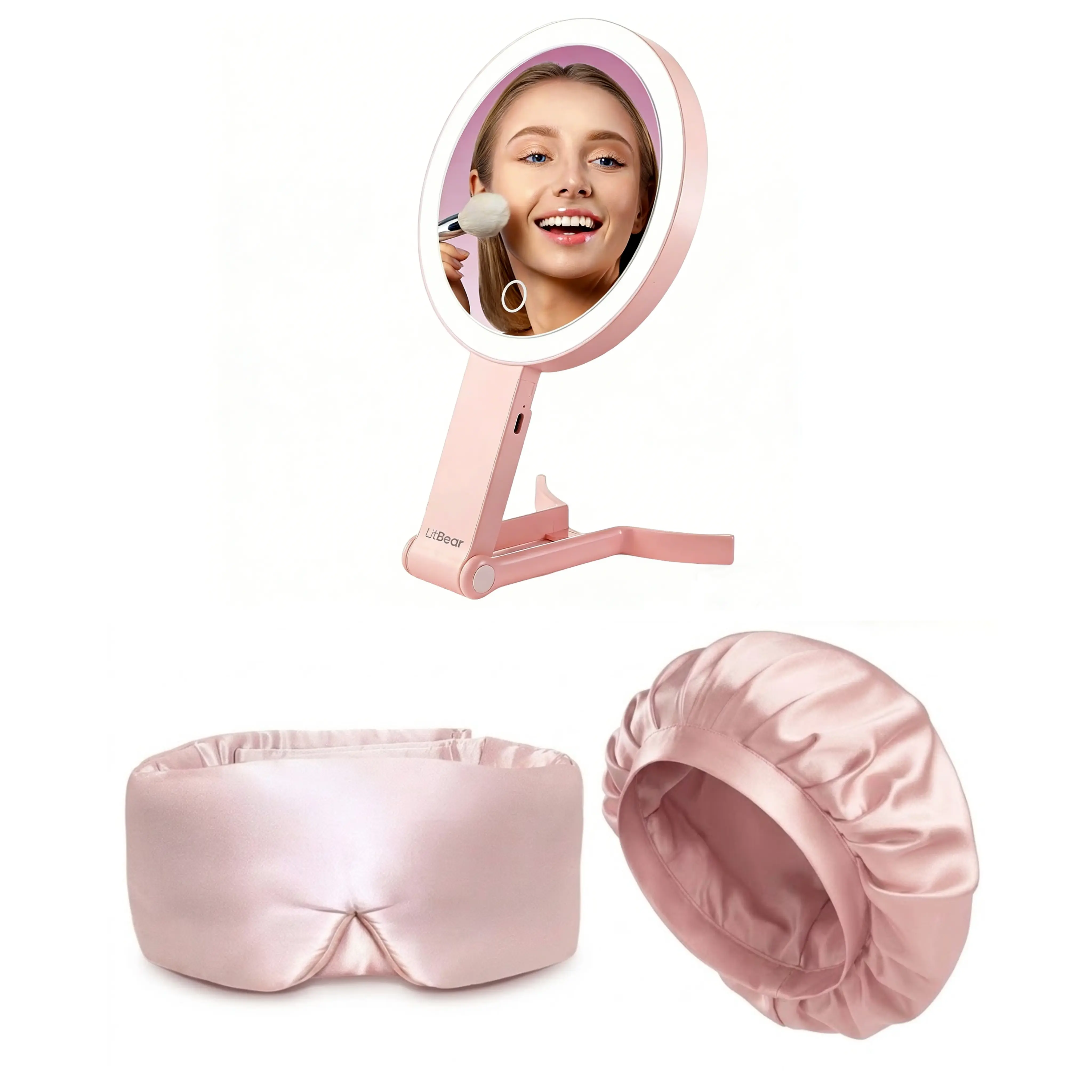 LitBear Beauty & Sleep Set includes one 100% mulberry silk bonnet, one rechargeable portable makeup mirror with built-in 3-color dimmable lighting, and one pink pure mulberry silk sleep mask,Mothers Day Gifts #Summervibes