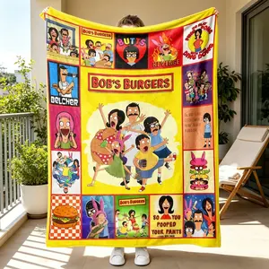 Bob's Burgers Collage Fleece Blanket, Belcher Family Cartoon Throw, Vibrant Design with Iconic Quotes & Burger Motifs, Cozy Blanket for Fans