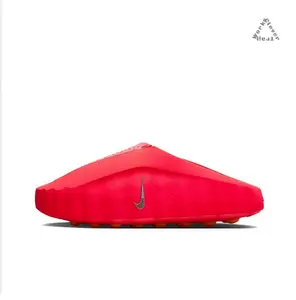 Vibrant Red Thick-Soled Mule Slides, Orange Cushioning Massage Outsole, Perforated Upper, Pre-Game Recovery Tech Slides