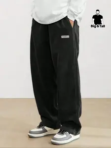 Men's Plus Size Letter Patched Drawstring Waist Corduroy Sweatpants, Casual Pocket Jogger Pants For Spring & Fall, Fashion Men's Bottoms For Daily Wear