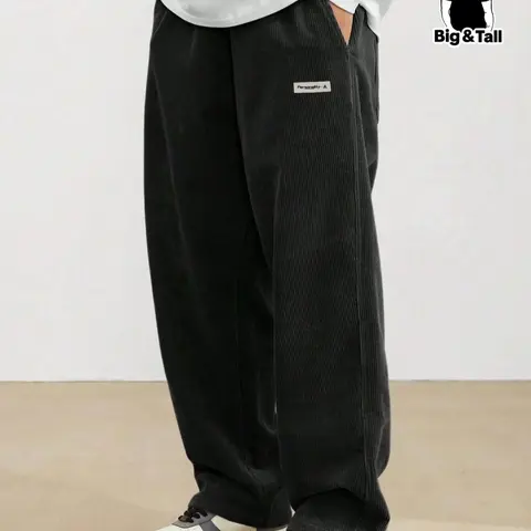 Men's Plus Size Letter Patched Drawstring Waist Corduroy Sweatpants, Casual Loose Fit, Casual Fit Drawstrings, Pocket Jogger Pants For Spring & Fall, Fashion Men's Bottoms For Daily Wear