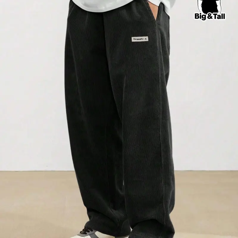 Men's Plus Size Letter Patched Drawstring Waist Corduroy Sweatpants, Casual Loose Fit, Casual Fit Drawstrings, Pocket Jogger Pants For Spring & Fall, Fashion Men's Bottoms For Daily Wear