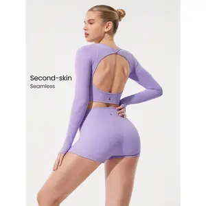 GLOWMODE Second-Skin Seamless Crossover Open Back Scoop Neck Cropped Long-Sleeve Top With Thumbholes Low Impact Yoga Pilates Studio Daily Casual Wear Removable Cups