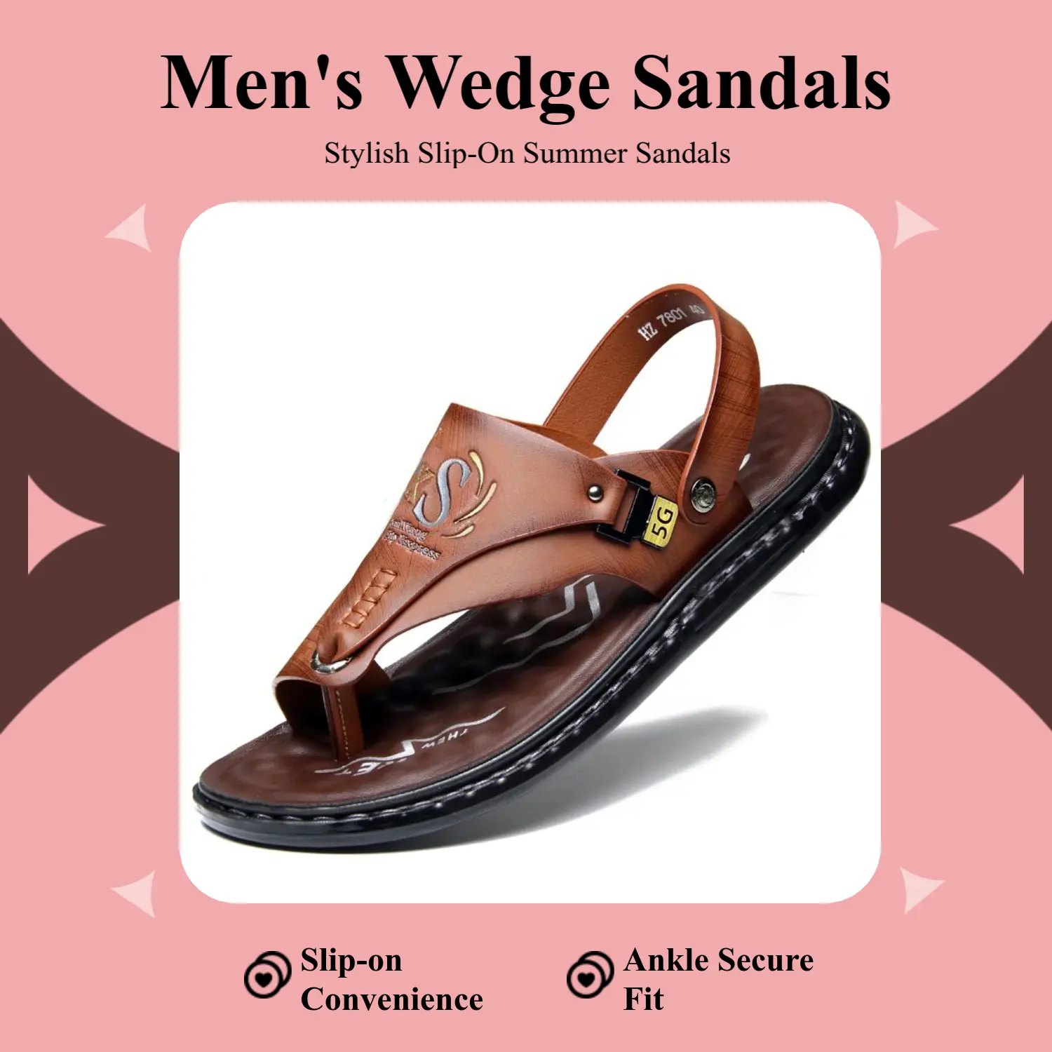Men's Casual Wedge Sandals - PU Leather Slip-On Ankle-Secure Fit Shoes with Letters, Rubber Sole, Black Brown All Seasons Outdoor Footwear, Ideal Gift for Men Summer Sandles Sandal Wedges campingessentials