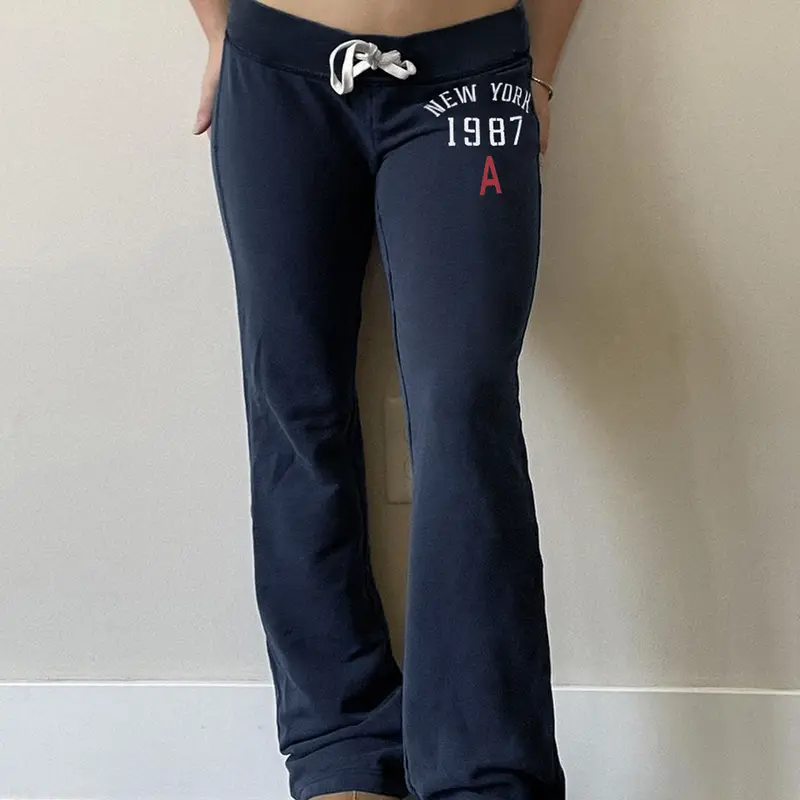 Women's American Vintage Letter Print Drawstring Adjustable Low Waist Slim-Fit Fitted Casual Flare Pants, Casual Trousers, All Season Kint Fabric, Casual Fitted Bottoms, All Seasons Trousers, Casual Flare Leg, Batch Mezz9866