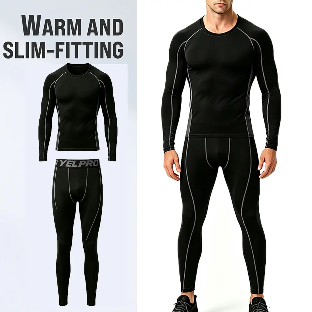 Men Thermal Compression Underwear Set Slim Fit Long Sleeve Top Leggings Quick Dry Warm Base Layer for Ski Running Gym Workout Cycling Fall And Winter Cold Weather