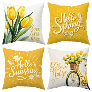 4 sets of polyester fiber yellow tulip and bicycle pattern pillowcases - Spring floral style, decorative pillowcases, zipper closure, machine washable, suitable for living room, bedroom, sofa, car decoration, seat cushion covers (only includes pillowcases