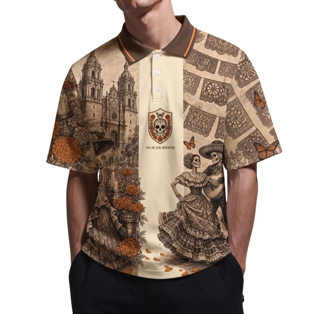 Men's Short-Sleeve Dia de los Muertos Polo Shirt - Polyester, Breathable, Casual Menswear Top, Textured Sublimation All-Over Print, La Catrina Sugar Skull, Couple Dancing, Marigold Butterfly, Cathedral Graphics, Personalized Halloween Gift, Tops