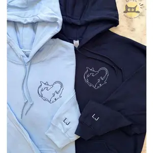 Embroidered Shark Heart Matching Couples Sweatshirt/T-shirt/Hoodie, Personalised Trendy Lover Sweater, Vacation Trip Embroidered Couple Hoodie, Anniversary Gift
