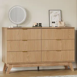 FUSOU 47" Wide Fluted Dresser with 6 Drawers, Modern Chest of Drawers with Large Waterproof Top,  Wooden Dresser TV Stand, Long Closet Clothes Storage Organizer for Bedroom Living Room, Bedroom, Oak