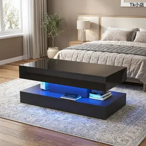39.4"/47.2" Large Lift Top Coffee Table with Charging Station & LED Lights, Modern High Glossy Center Table with Hidden Compartment Storage for Living Room