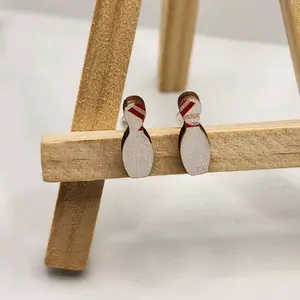 Wooden Bowling Ball Pin Stud Earrings - Natural Wood Eco-Friendly Stylish Design Lightweight Accessory for Women