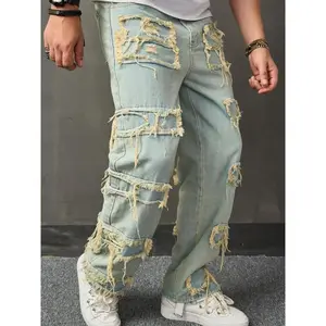 Men's Street Style Ripped Jeans, Loose Fashion Casual Denim Pants for Daily Outdoor Wear, Mens Bottoms for All Seasons, Cotton, Ripped Patch Jeans