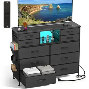 Dresser for Bedroom with 10 Drawers Featuring LED Light and Power Outlet, Fabric Dressers & Chest of Drawers with Open Shelves for Hallway, Living Room, Metal Frame,Wood Top,Father's Day and Mother's Day Gifts