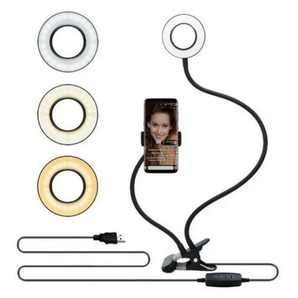 LED Selfie Ring Light for Live Adjustable Makeup Light-8cm Stand ，Hand Free 3 Light Color - white, warm yellow, warm yellow + white  360 degree adjustable  ﻿ USB Powered
