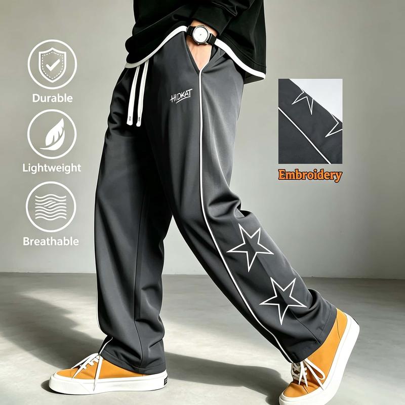 Men’s Stylish Star Embroidery Loose-Fit Wide Leg Track Jogger Pants - Retro Piping Stripe, Elastic Drawstring Waist, Lightweight Breathable Athletic Streetwear Clothing for Daily Skate, Casual Outfits (Regular Sizes)