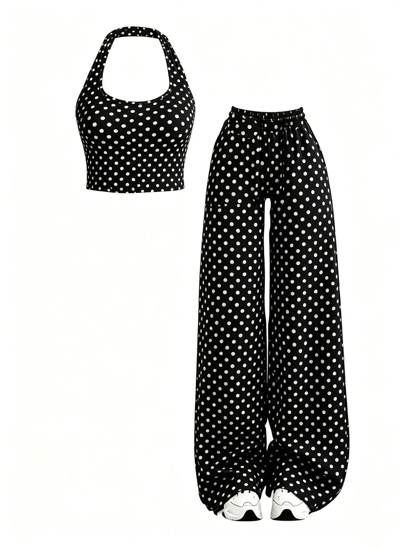 American Style Y2K Fashion Cute Vibe Polka Dot Set, Crop Top + High Waist Wide Leg Pants, Ideal for Streetwear, Parties, Travel, Everyday, Womenswear, Outfits, Clothes