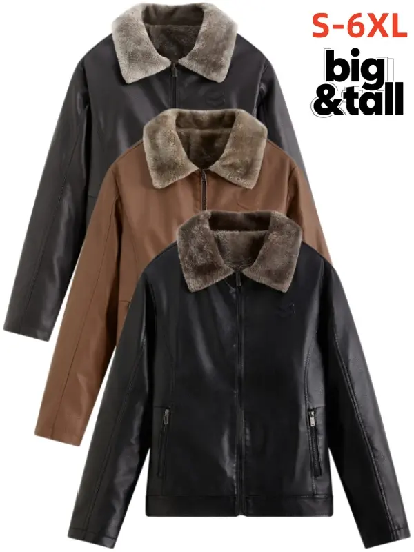 Men's Faux Leather Shearling Collar Winter Bomber Jacket - Menswear, Plain, Long Sleeve Full Fur Lined Warm Zip Up, Vintage Thick Windproof Outerwear for Mature Men Cold Weather Daily Driving, Tops