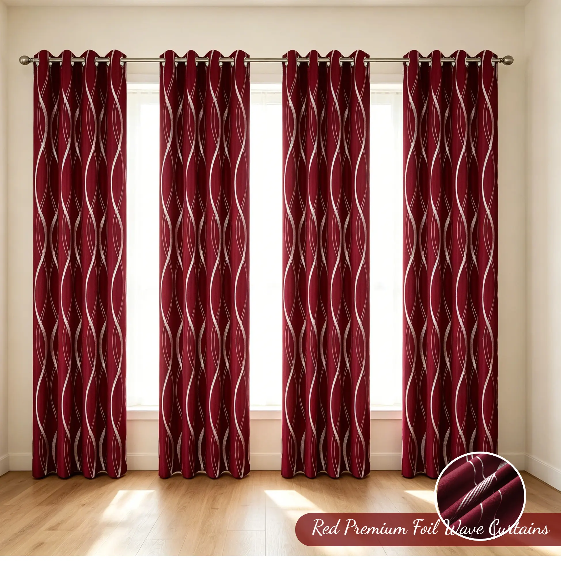 Blackout Curtains 4 Panels, Red Artisan Foil Wave, Thermal Insulated & Light Blocking for Living Room & Bedroom