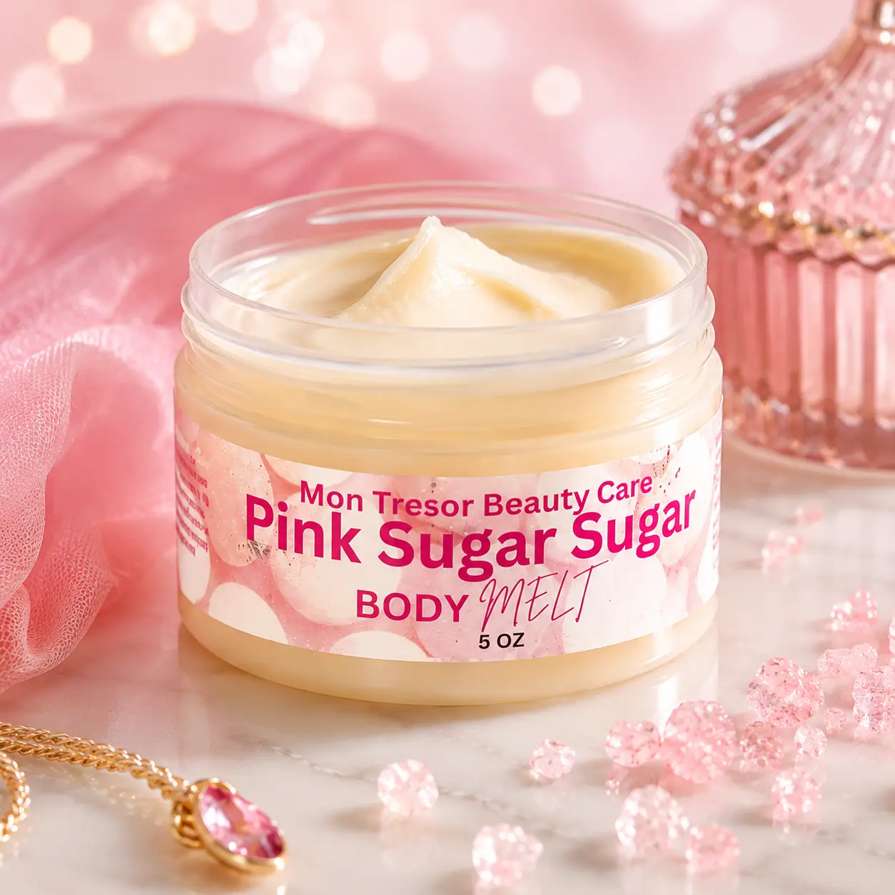 Mon Tresor Beauty Pink Sugar Body Melt 5 oz Body Care Moisturizer Cosmetic - Rich, Creamy Texture, Rice & Argan Infused, Daily Use Smooth Blend, Silky Scent Luxury Hydration