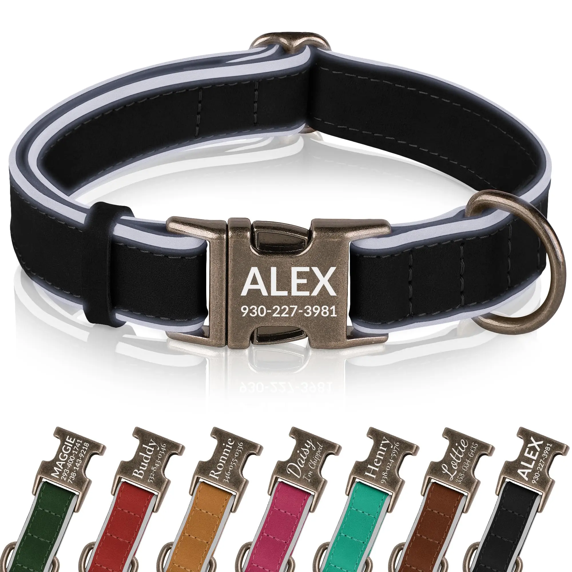 OOPSDOGGY Personalized Leather Dog Collar with Engraved Metal Buckle Custom Soft Padded Reflective Collars for Small Medium Large Breed Dogs Puppy, 4 Sizes, 7 Colors