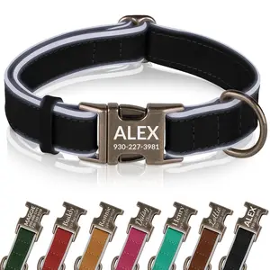 OOPSDOGGY Personalized Leather Dog Collar with Engraved Metal Buckle Custom Soft Padded Reflective Collars for Small Medium Large Breed Dogs Puppy, 4 Sizes, 7 Colors