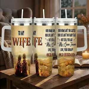 To My Wife Love Message Car Cup (40oz/30oz/20oz) Romantic Vintage Couple Print Stainless Steel Insulated Tumbler Durable Leakproof Travel Mug Perfect for Anniversary Gift Daily Use Home Office Valentine’s Day