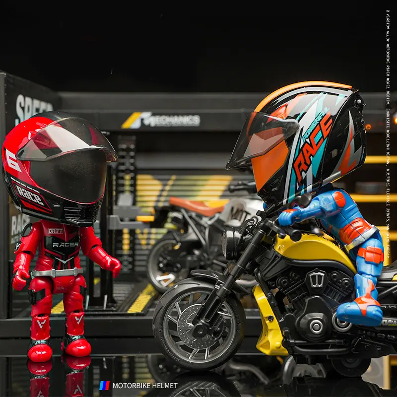Motorcycle Helmet Figurine with Movable Joints, Desktop Statues, Mini Gifts, Home Decor,Dorm Essentials Decorative Piece Party Gift,Motorcycle Figurines with Sound and Light Effects