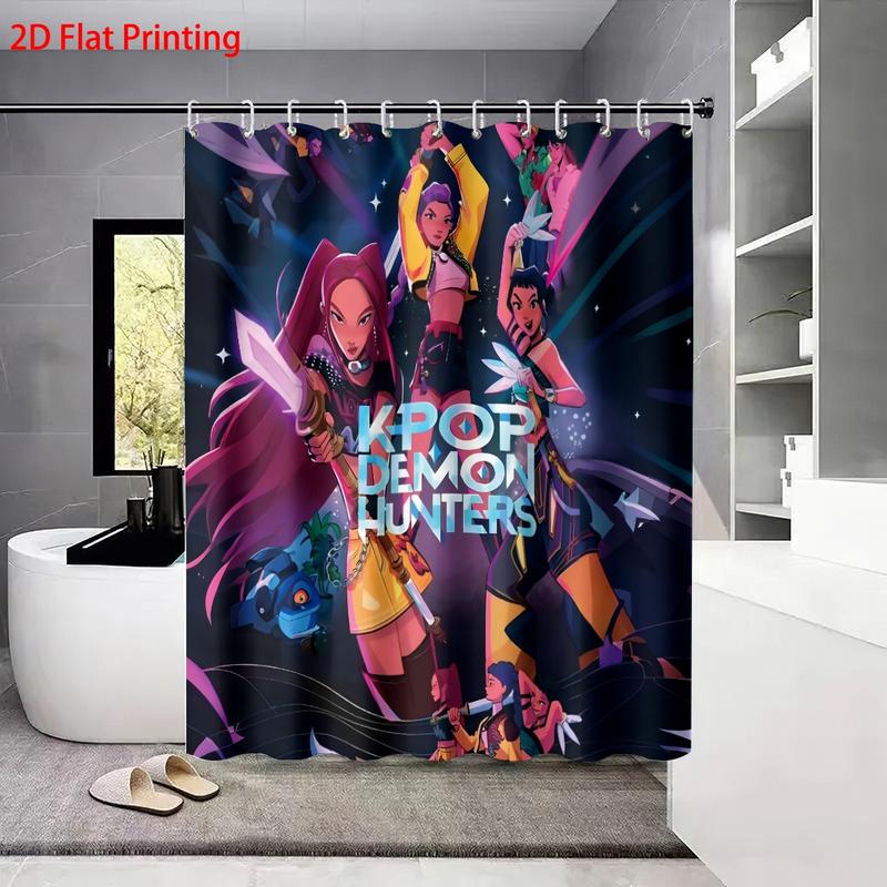 K-POP Demon Hunters Bathroom Set, Including Shower Curtain with 12 Hooks, Non-Slip Bath Rug, U-Shaped Toilet Mat, Toilet Lid Cover, Bathroom Decoration Accessories