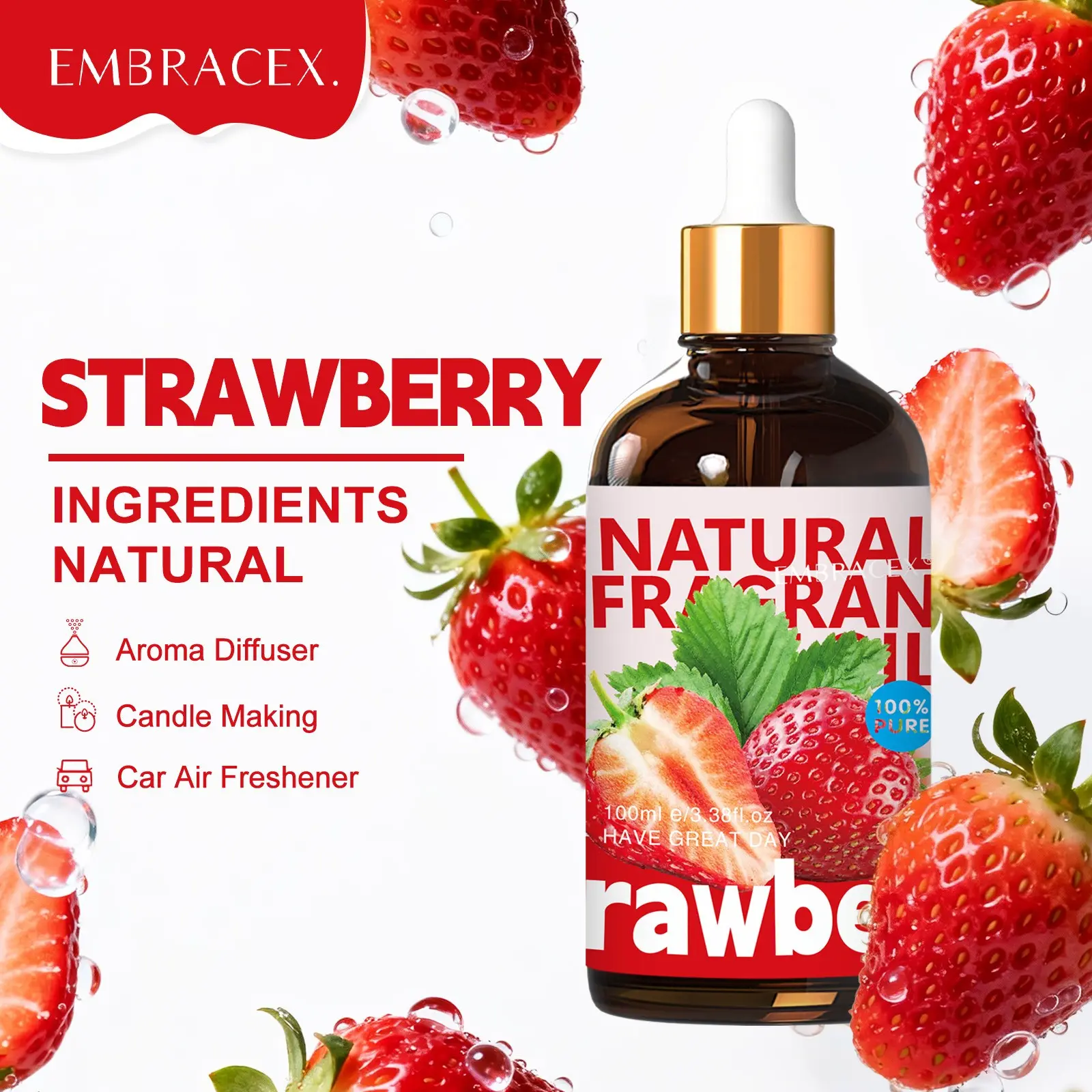 100ML Strawberry Essential Oils, Fruit Scented Aromatherapy, Humidifier Diffuser Air Freshener, Body Massage, Car Perfume, Home Decor