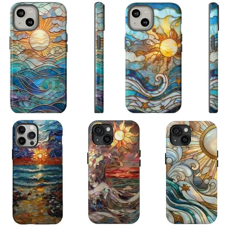 Sunset Sea Wave Faux Stained Glass Collection Printed Tough Phone Case for iPhone
