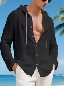 Men's Loose Linen Hooded Shirt, Mid-Sleeve Half-Button Design, American Casual, Summer Vacation Breathable Top
