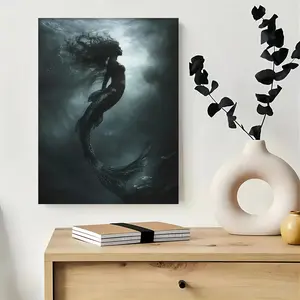 Framed Canvas 1pc Mysterious Mermaid Silhouette Underwater Fantasy Wall Art - Wrapped Canvas in Wooden Frame, 0.75" Thick, Minimalist Art Deco Home Decor for Bedroom, Living Room, Coffee Shop, Dorm - Perfect for Mother's Day & Easter Gifts, Mermaid P
