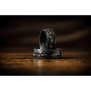 Damascus Meteorite & Gold Flakes Ring