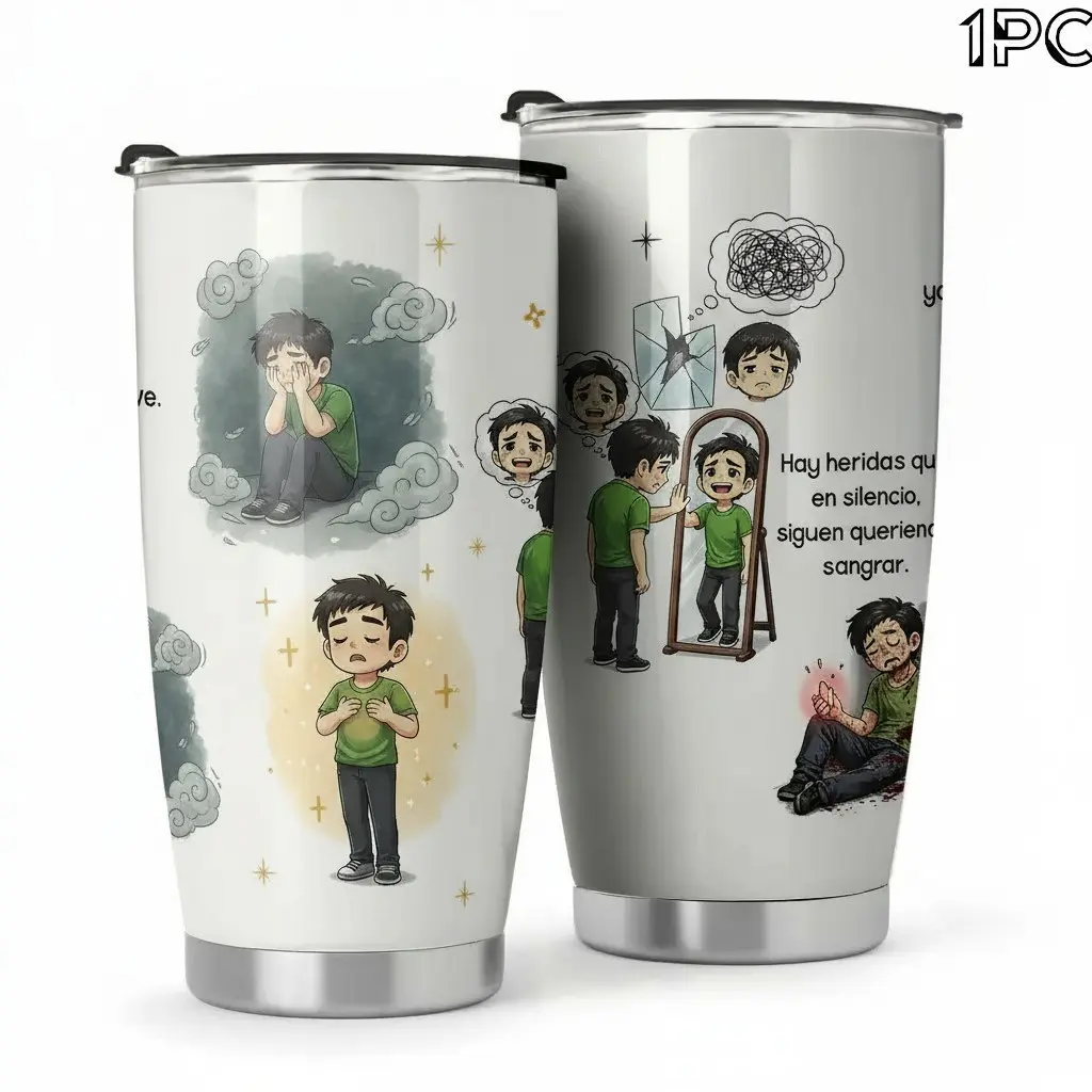 20oz Stainless Steel Double-wall Vacuum Insulated Travel Tumbler, BPA-free, with Emotional Healing Artwork Featuring God Heals Wounds Cartoon Design, Illustrates a Boy's Journey from Sadness to Hope and Recovery, Includes Spanish Motivational Quote '