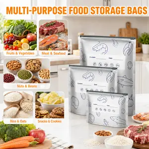 Reusable Aluminum Foil Sealable Storage Bags, 2026 New Resealable Vacuum Zipper Pouches with Labels & Zip Locks, Stand-Up Kitchen Bags for Refrigerated Vegetables, Fruits, Meat