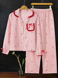 Women's 2-Piece Fitted Pajama Set with Striped Heart Pattern, Pure Ruffled Collar Cardigan with Long Pants, Comfortable Loungewear Set