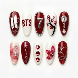 Red Cherry Blossom Kpop BTS Press on Nails, Kpop Inspired Red and White Floral Glossy Nails
