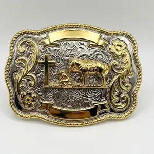 Praying Cowboy Western Belt Buckle - Gold & Silver Tones Rodeo Hebilla for Cowboy Cowgirl Vaquero Belts, Cowboy Cowgirl Belt