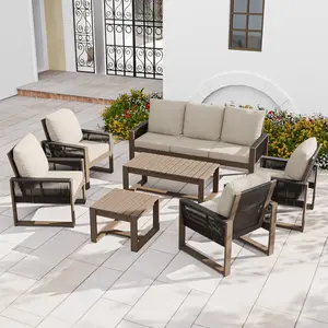 Natural Wood Outdoor Patio Furniture,Sofa 4 Patio Chairs, Coffee Table and Side Table, 7 pcs