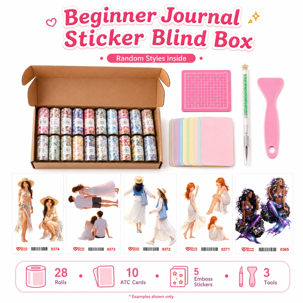Journaling Sticker Blind Box Kit, 28 Sticker Rolls, Emboss Stickers, ATC Cards & Craft Tools for Scrapbook Planner DIY Supplies